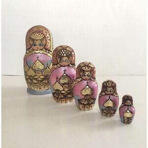 VTG Hand Painted Carved Russian Matryoshka 5 Piece Set Nesting Dolls Gold Detail
